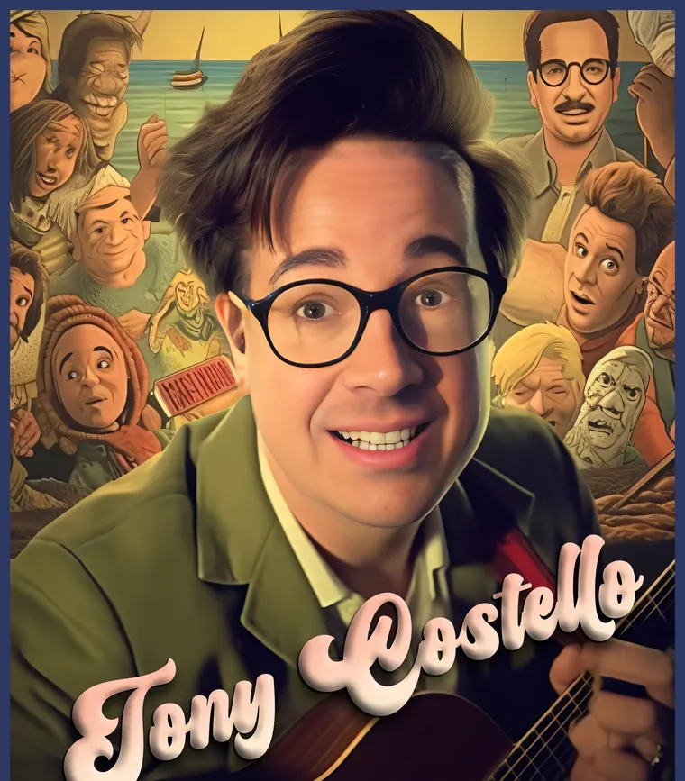 Illustrated show poster: Tony Costello in glasses and a green jacket in front of a crowd of cartoon faces