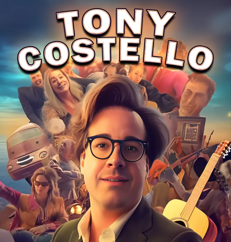 Illustrated show poster with the name Tony Costello above Tony and a swirl of fans, cars and guitars