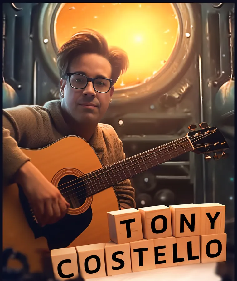 Illustrated show poster: Tony playing an acoustic guitar beside wooden blocks spelling Tony Costello