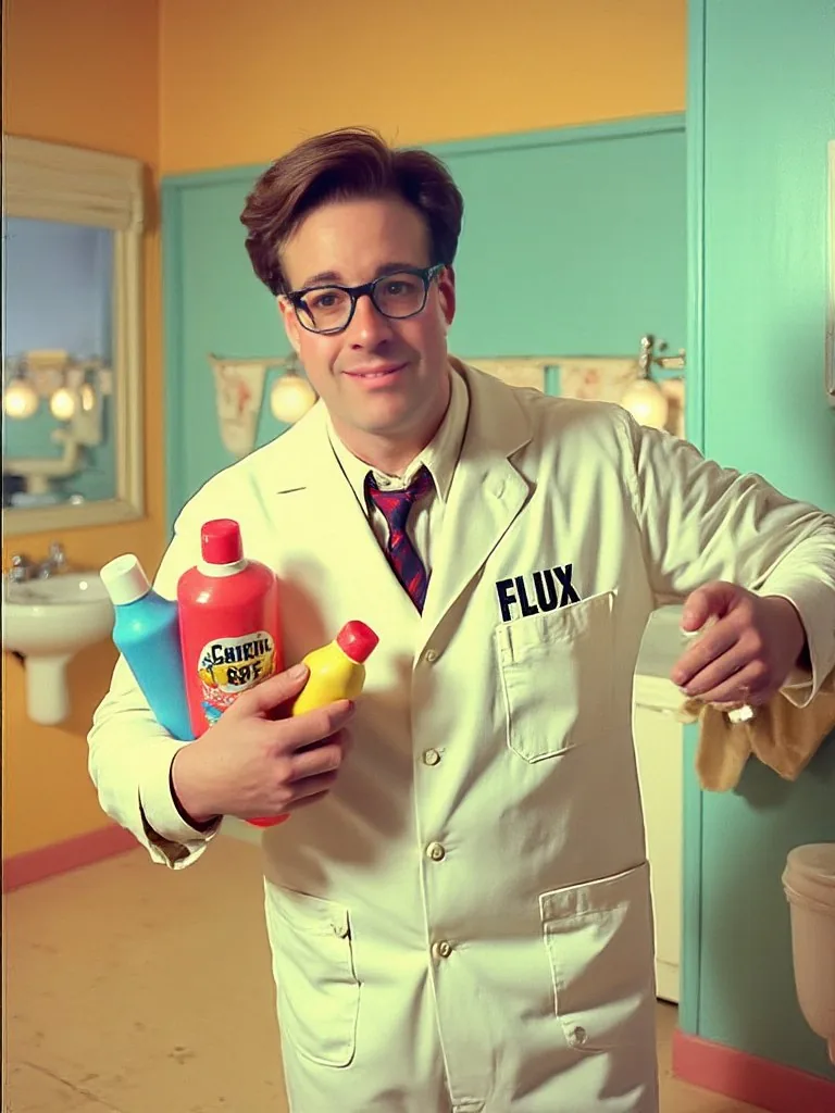 Illustration of Tony in a white lab coat holding cleaning products in a pastel bathroom